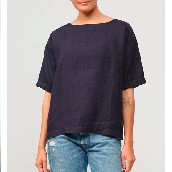 ARMEN Linen Overdyed Boat Neck Pullover Shirt in Midnight Size 4/6 - Picture 1 of 9